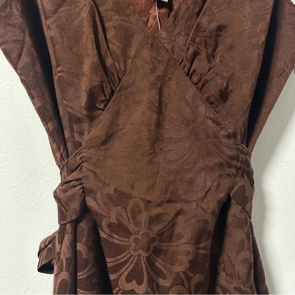 ODILLE Anthropologie NWT Brown Floral Jacquard Tie Front A-Line Dress Size 2 - Picture 5 of 16